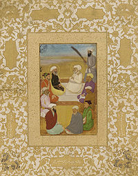 Miniature depicting Hazrat Mian Mir and his disciple, Mullah Shah, in conversation with Prince Dara Shikoh.
